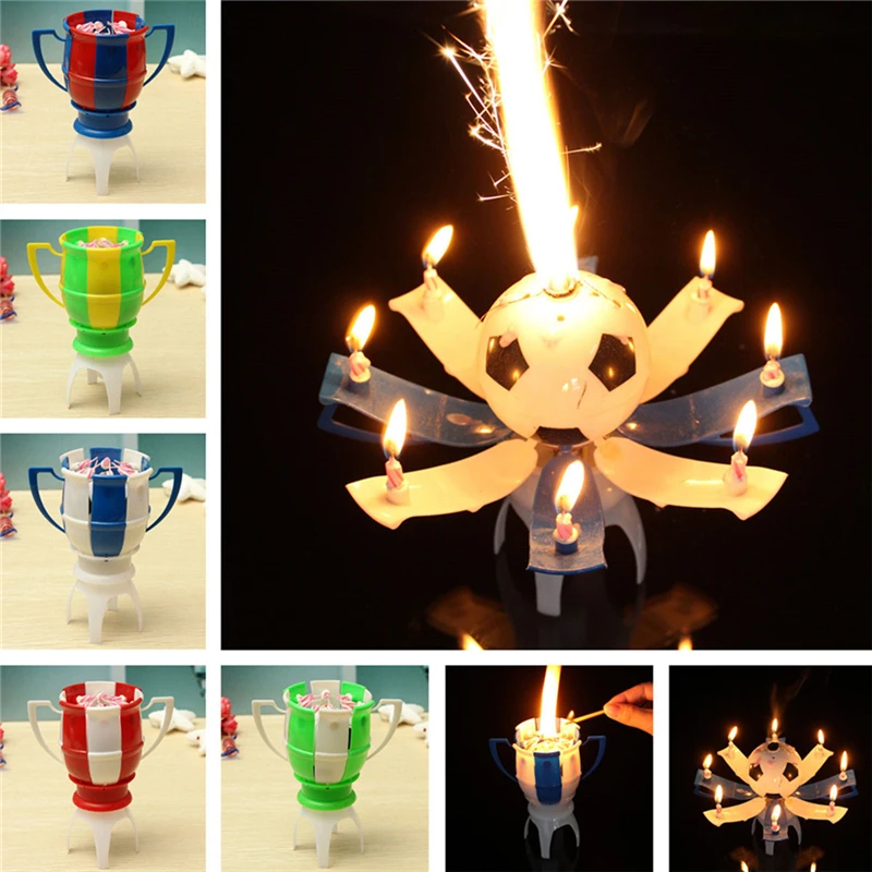 

Musical Birthday Romantic Candle Rotating Football Cup Soccer Musical Candle Happy Birthday Party Cake 8 Light Candle