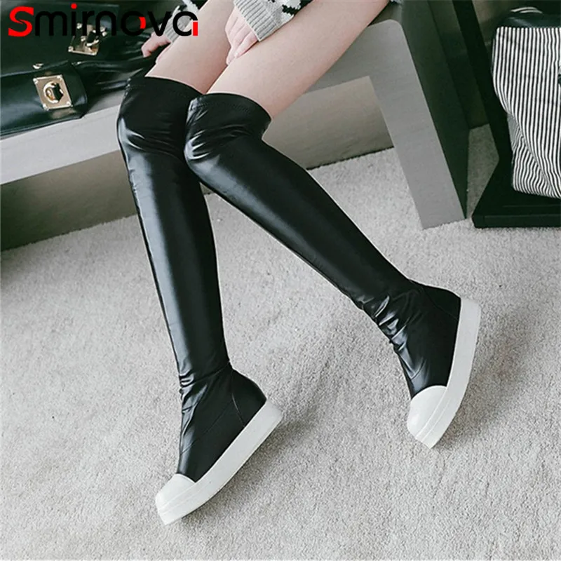 Koop Smirnova 2018 mode herfst winter schoenen vrouw ronde neus casual over de knie laarzen platte met zwart witte laarzen vrouwen big size