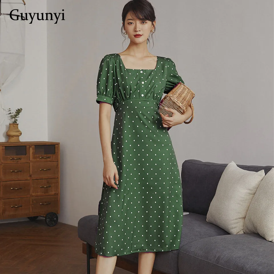 

Ethnic Style Vintage Dress Summer Leisurely Vacation Simple Small Sexy Square Collar Green White Dot Elegant High Street Dress