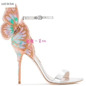 

2019 New women multi color sandals wings high heels party shoes butterfly sandals summer mix color sandals wedding shoe