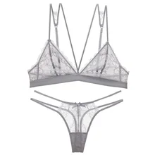 Сексуальный кружевной Ультратонкий комплект нижнего белья с бюстгальтером, треугольная чашка без стального кольца, Т-образные брюки без губки