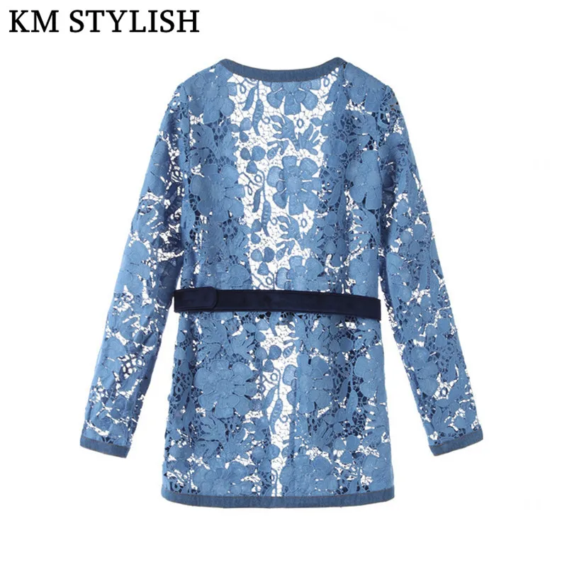 2019 Early Spring Lady New Blue Long Sleeve Openwork Lace Cardigan Trench Temperament Women Medium Long Sleeve Trench With Belt 2019 Early Spring Lady New Blue Long Sleeve Openwork Lace Cardigan Trench Temperament Women Medium Long Sleeve Trench With Belt