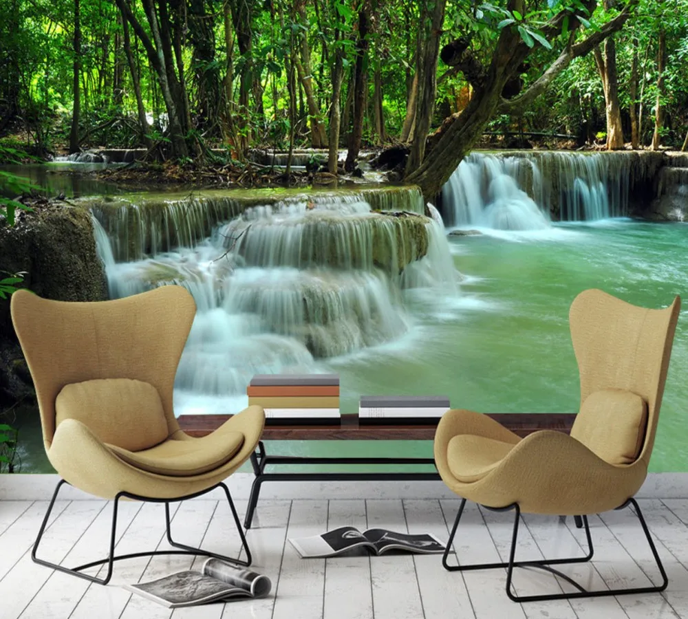 

Free Shipping Custom 3D Office Wallpapers Beautiful Forest Water Waterfall TV Background Wall Tea Room Photo Wall Good Price