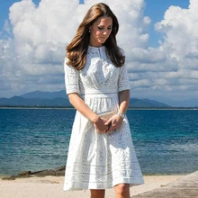 Kate Middleton/Белое Кружевное платье принцессы; элегантные повседневные платья с круглым вырезом; D4192