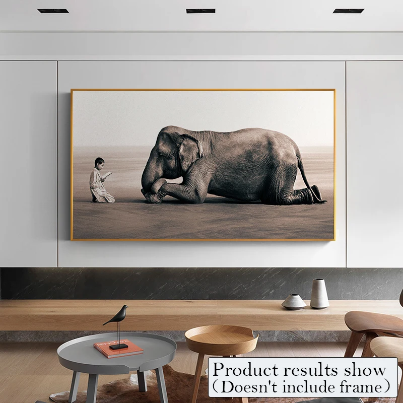 

Modern Boy And Elephant Nature Photo Canvas Paintings Animal Wall Art Picture For Living Room Poster And Print Europe Home Decor