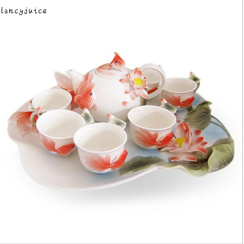 

porcelain Lotus Goldfish tea set 8pcs Gift Drinkware Tea set Top Quality Tea mug Bone China porcelain Creative enamel