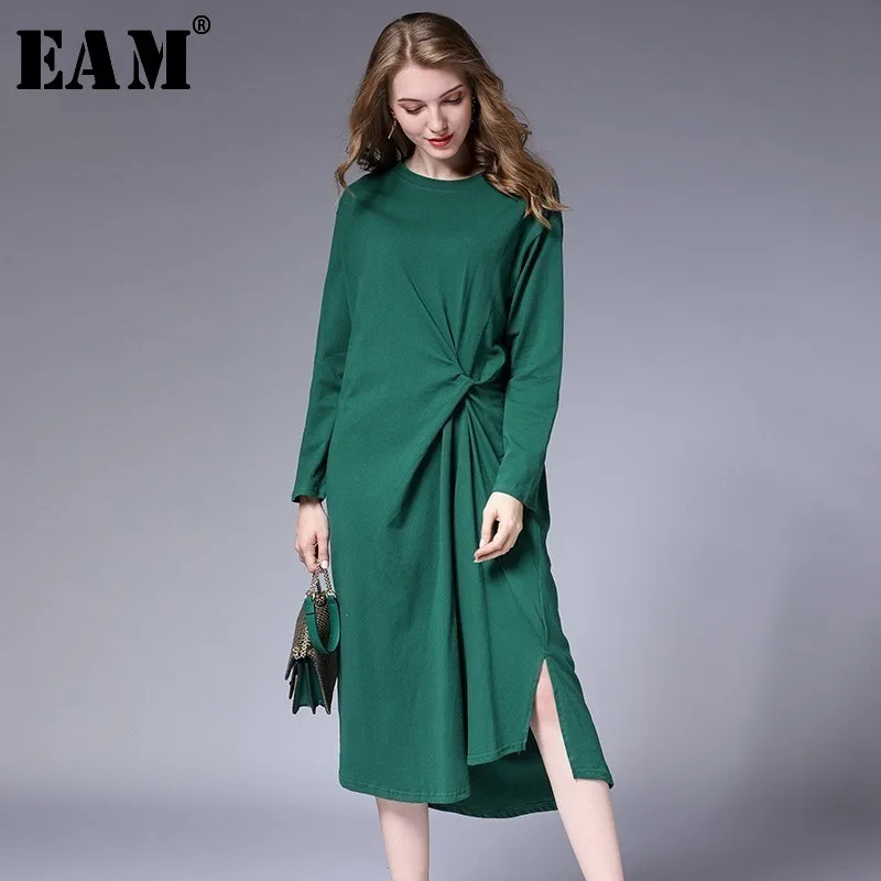

[EAM] 2019 New Autumn Winter Round Neck Long Sleeve Black Waist Knot Stitch Big Size Irregular Hem Dress Women Fashion JL273