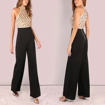 

2019 New Arrival Summer Sequin Woman Jumpsuits Bodysuits Halter Grid Bodycon Tops Party Overalls Rompers Wide Leg Trousers