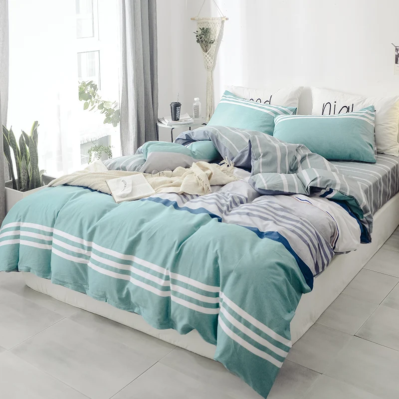 

Light Blue White Stripe Pattern Bedding Set Queen King Full Size Bed Linen 4pcs/Set Duvet Cover Set Bed Sheet AB Side Pillowcase