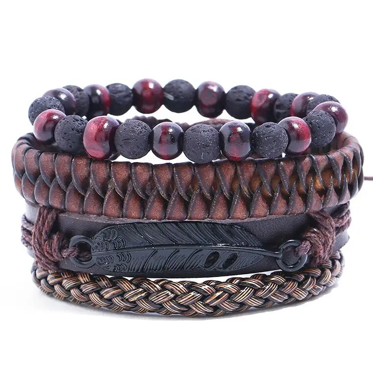 Pulseras Vintage Hippie Punk para hombre, brazalete de cuero trenzado con de plumas, joyería Retro ajustable|Brazaletes de cadena y enlaces| AliExpress