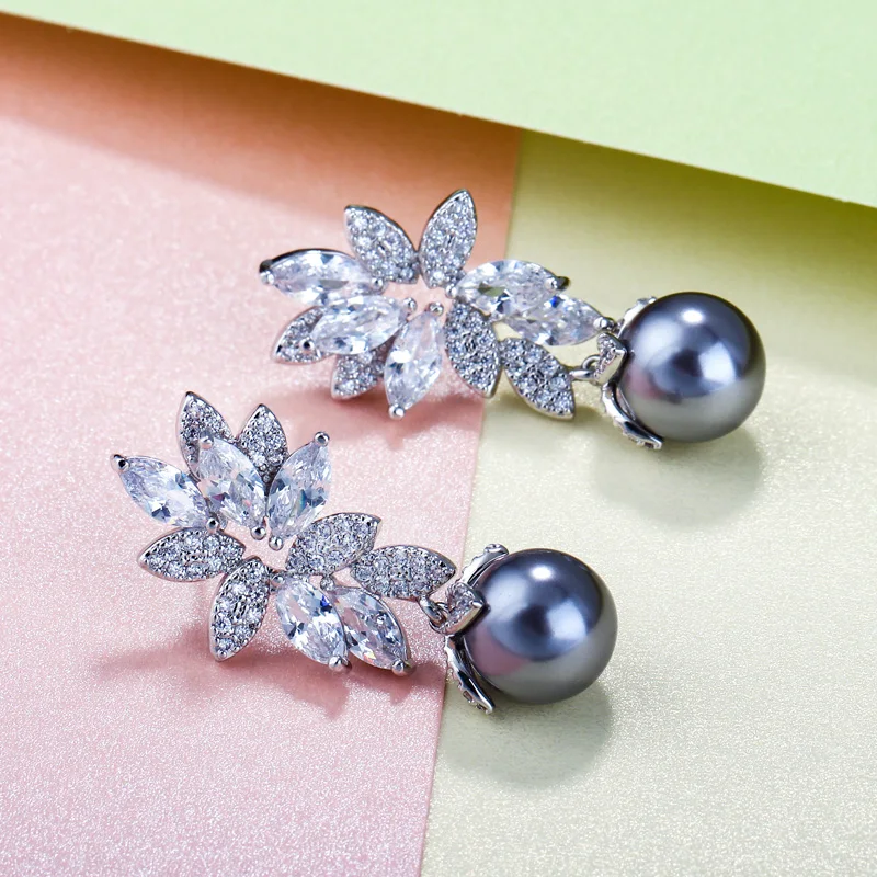 CWWZircons Shiny Cubic Zirconia Setting Leaf Shape 925 Silver Dangling Gray Pearl Drop Earrings Jewelry for Women Gift CZ332