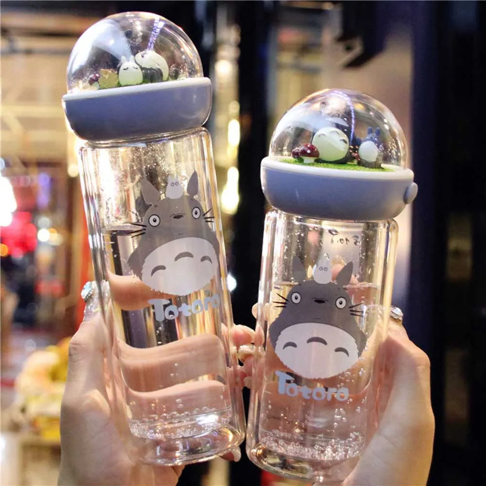 

Cute Totoro Water Bottle for Girl Double Layer Glass Cartoon Drinking Bottle Water Silicone Seal Drinkware Insulated Bottle