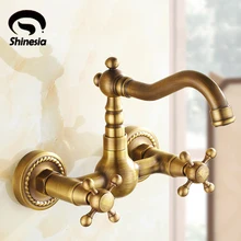 США Античная Латунь Кухонная Раковина дизайнерский смеситель смесителя Двойные ручки двойные отверстия настенный