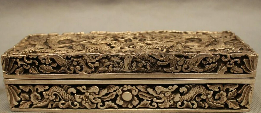 

JP S62 8" Folk Chinese Silver FengShui Fly Dragon Statue Box Incense Burner Censer