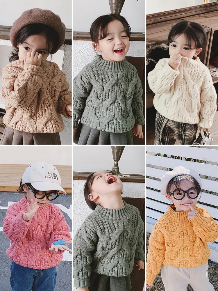 

Girls Winter 2018 Thick Warm Wool Pullover Sweater Children Baby Long Sleeve Cotton Sweater Round Neck Top Knitted Clothes