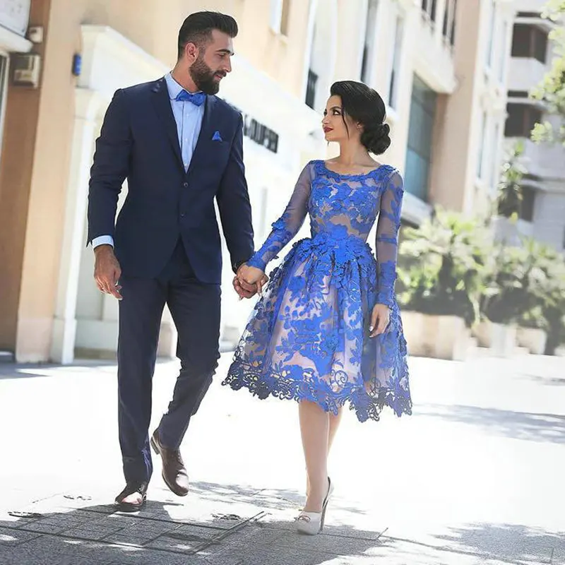 

2016 New Sexy Royal Blue knee-length Lace Cocktail Dresses Party Dress robe de cocktail Custom Size