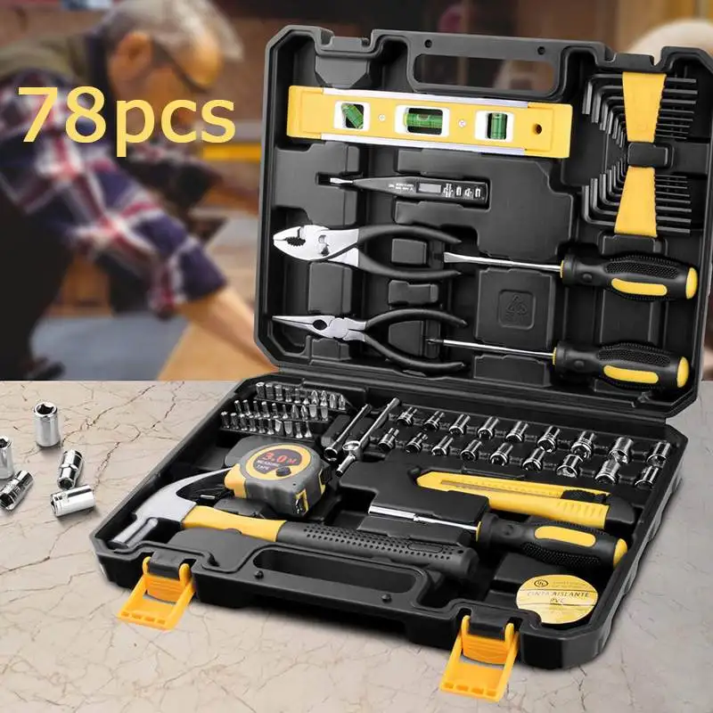 

New 78Pcs Hand Tool Set General Household Hand Tool Kit with Plastic Toolbox Storage Case Socket
