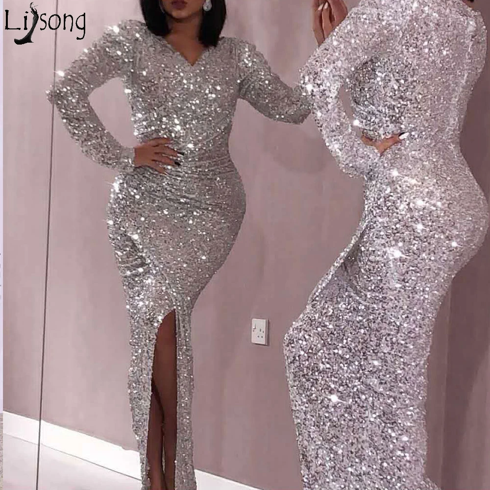 Sexy Mermaid Prom Dress 2019 V Neck Long Sleeves Party Gown Sequin Dress Sparkling Woman Formal Party Gown Custom Made Plus size