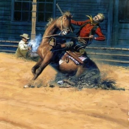 Cowboy shooting enemy on horseback Poster Print (18 x 24)