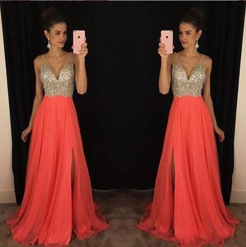 Elegant Long V Neck Prom Dresses Sleeveless Sweep Train Chiffon Side Split A-line Formal Evening Gown vestido de noche | Свадьбы и