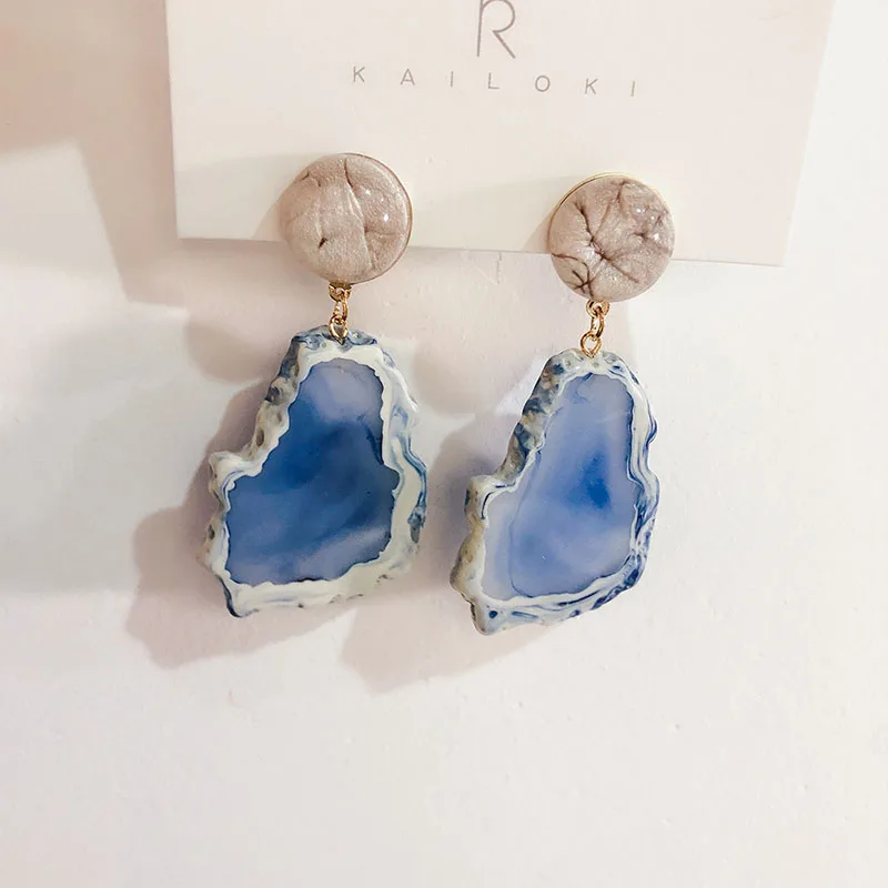 

2019 New Baroque Style Trendy Irregular Blue Marble Stone Drop Earrings For Women Statement Jewelry Vintage Dangle Earings