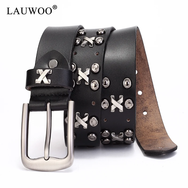 

LAUWOO Men's Steampunk genuine leather belt Gothic luxury belts for men male rivets vintage pin buckle trousers belt