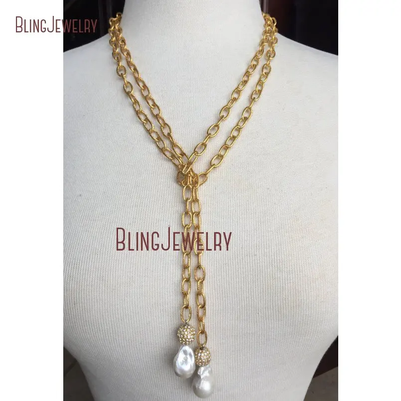 

White Freshwater Baroque Pearl Necklace Gold Crystal Ball on Gold Color Chain Lariat Necklace NM18368