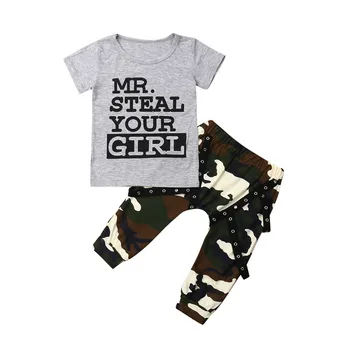 

Children's Clothes 2019 Summer Kids Short Sleeves Letter Print T-Shirt+Camouflage Long Pants Sport Suits Toddler Boys Clothing
