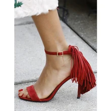 Красные замшевые сандалии для женщин модная летняя Свадебная обувь для невесты; высота каблука 10 см высокий тонкий каблук Формальные туфли лодочки с бахромой; Zapatos Femmes