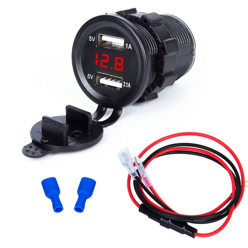 

Waterproof 12V-24V Mini Micro Dual USB Plug Car Motorcycle Cigarette Lighter Socket Car Charger + LED Digital Voltmeter Meter