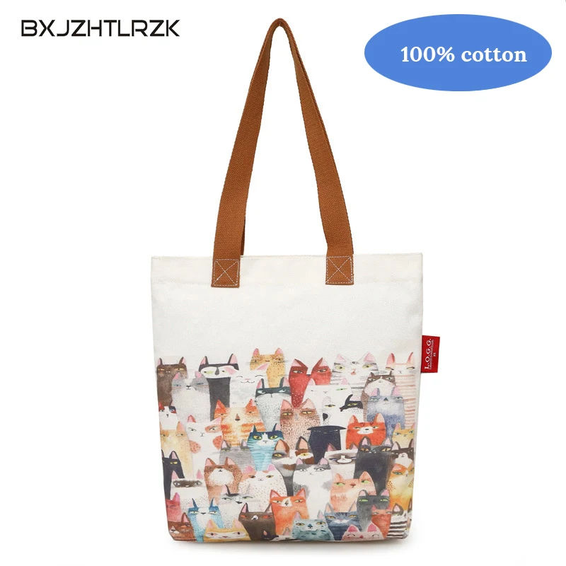 

BXJZHTLRZK 2019 Women's White Canvas Bag 100% Cotton Canvas Shoulder Bag Fashion Cat Print Tote Bag Large Capacity Messenger Bag