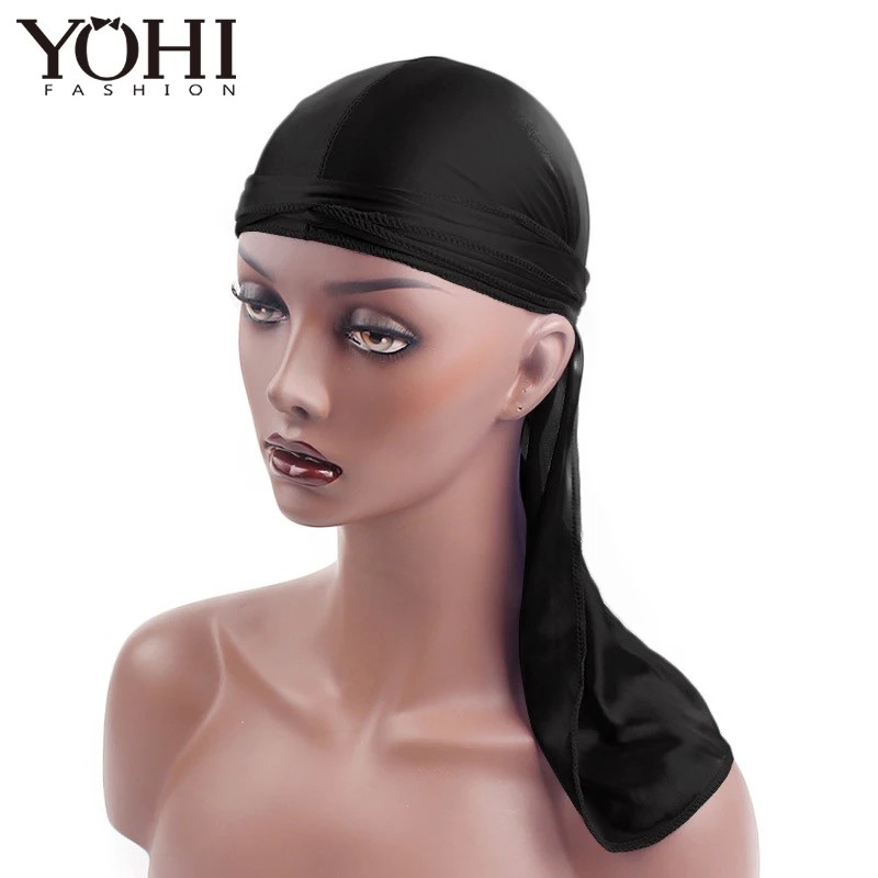 

New Fashion Hot Silk Long Tail Cap Satin Durags Bandanna Turban Wigs Men Silky Durag Headwear Pirate Hat for Men