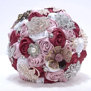 Bling кристалл украшенный атласная роза ручной работы свадебные букеты цветы кристалл брошь ручной работы заказной букет на заказ - Цвет: 1