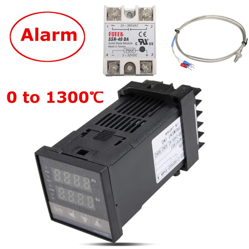 VIFER Temperature Controller Kit 0℃~1300℃ Alarm REX-C100 Digital LED PID Temperature Controller Thermostat Kit AC110V-240V 