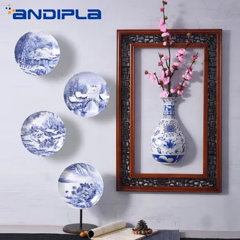 

Chinese Style Hand Painted Landscape Blue and White Porcelain Wall Hanging Round Dish Crafts Home Living Room Bedroom Wall Decor