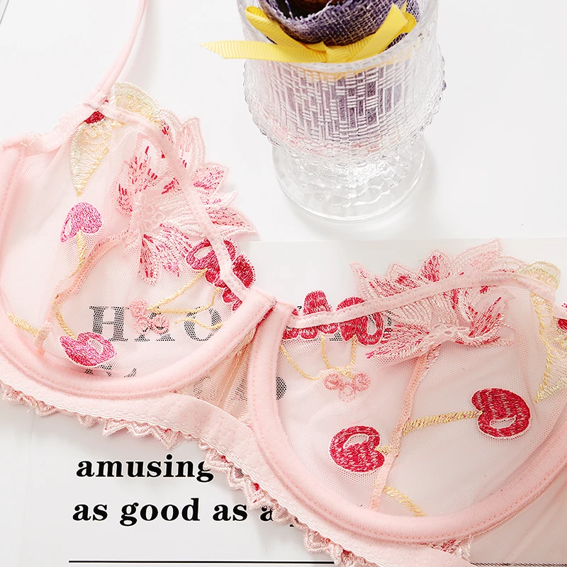 Skup Shaonvmeiwu seksowna przezroczysta bielizna koronkowy haft cienki cienki różowy biustonosz owoce wiśni biustonosz garnitur