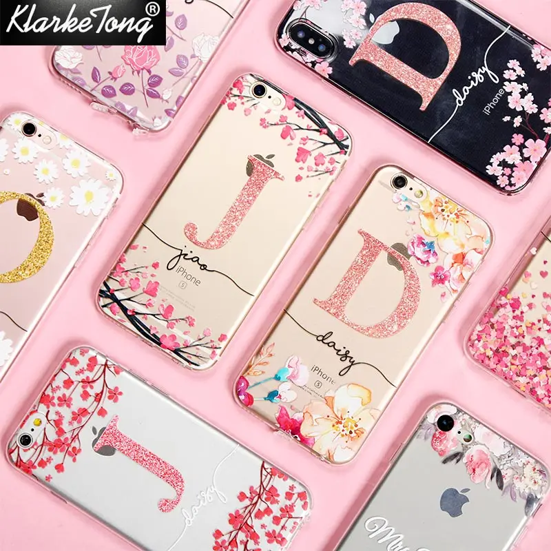 

KlarkeTong Cherry blossom Glitter Flower Name Custom Phone Case For iPhone 11 XS MAX XR 8 7 6 Plus 5s Soft Clear Silicone Cover