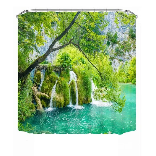 Autumn Waterfall Landscape Shower Curtain Set Bathroom Waterproof Fabric Hooks