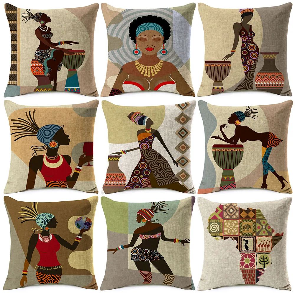 

African Lady Dancing Sofa Decorative Pillows Cases Africa Symbols Modern Decoration Art Linen Cushion Cover Bedroom Decor