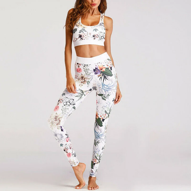 

Lady Crew Neck Sleeveless Crop Top+Long Pants Running Set Three Color Hot Women Sport Printing Leggings Athletic Clothes