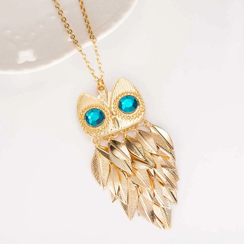 

New Fashionable Stylish Gold Leaves Owl Charm Chain Long Women Pendant Necklace