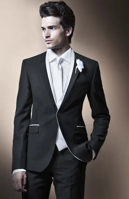 869 Excellence Style White+Black Mens Dinner Party Prom Suits Groom Tuxedos Groomsmen Wedding Blazer Suits (Jacket+Pants+Vest)