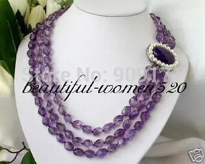 

Free Shipping>>3strands nature amethyst crystal necklace jade clasp