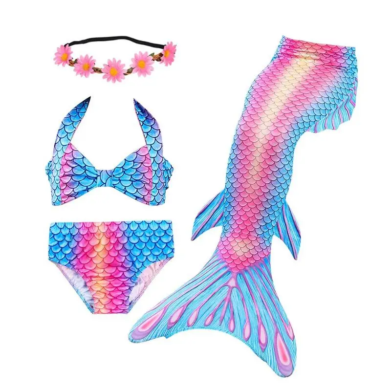 4pcs Girls Fish Tails Swimsuit Bikini Set Kids Swimwear Cosplay Costume Swimming Bathing Suit Fishtail Swimsuit For Summer