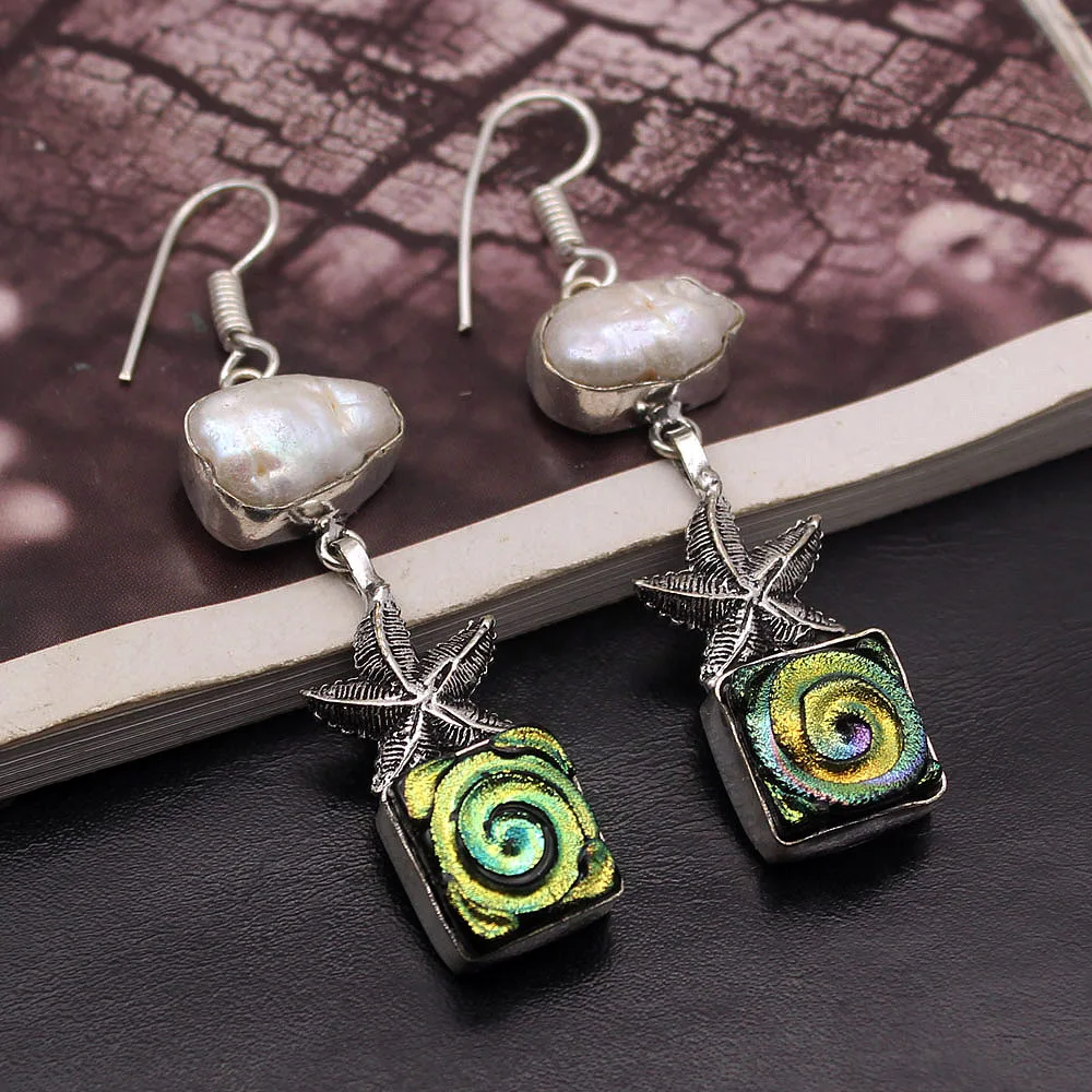 

Origin Fancy Dichroic Glass Biwa Pearl 925 Sterling Silver Dangle Earrings 2 1/8 Inch TF1027 Free Shipping