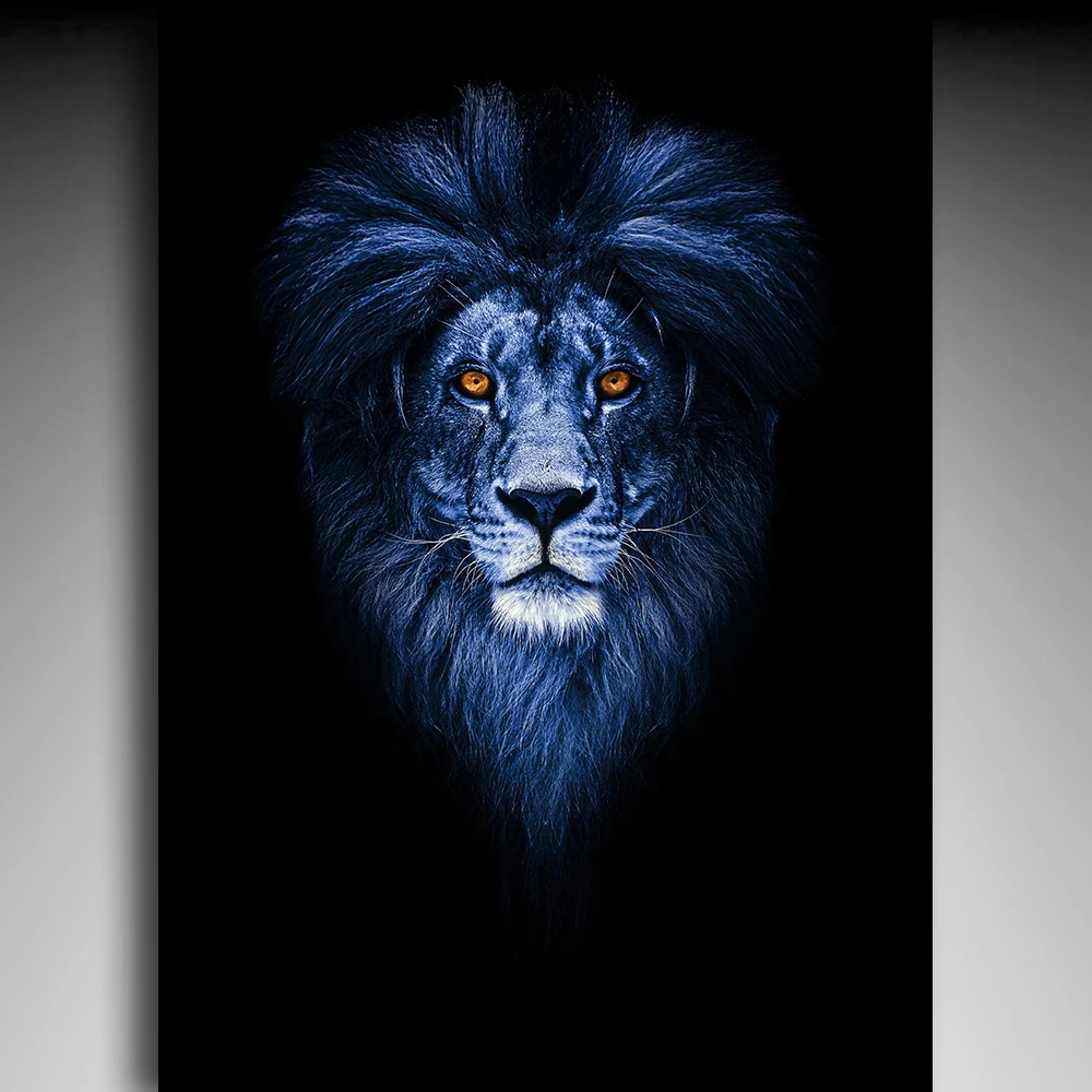 Portrait of a Beautiful lion, lion in dark, fire and ice blue (2)