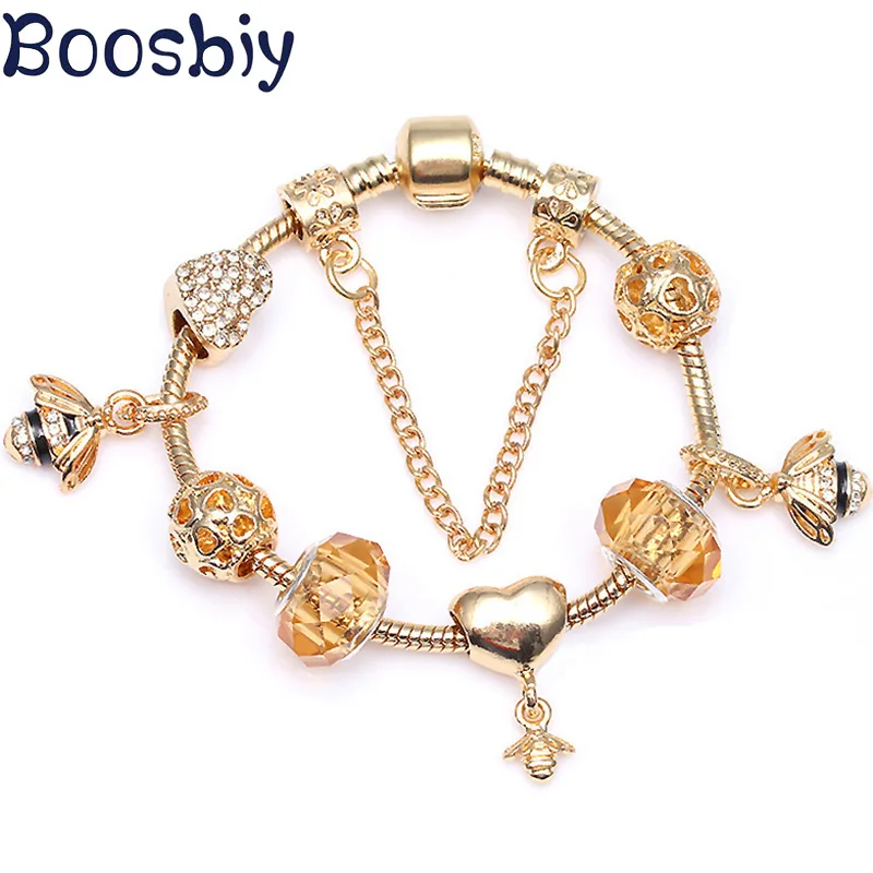 

Boosbiy Fashion Gold Color Charm Bracelet With Bees Pendents DIY European Fine Bracelet & Bangles For Women Jewelry Gift