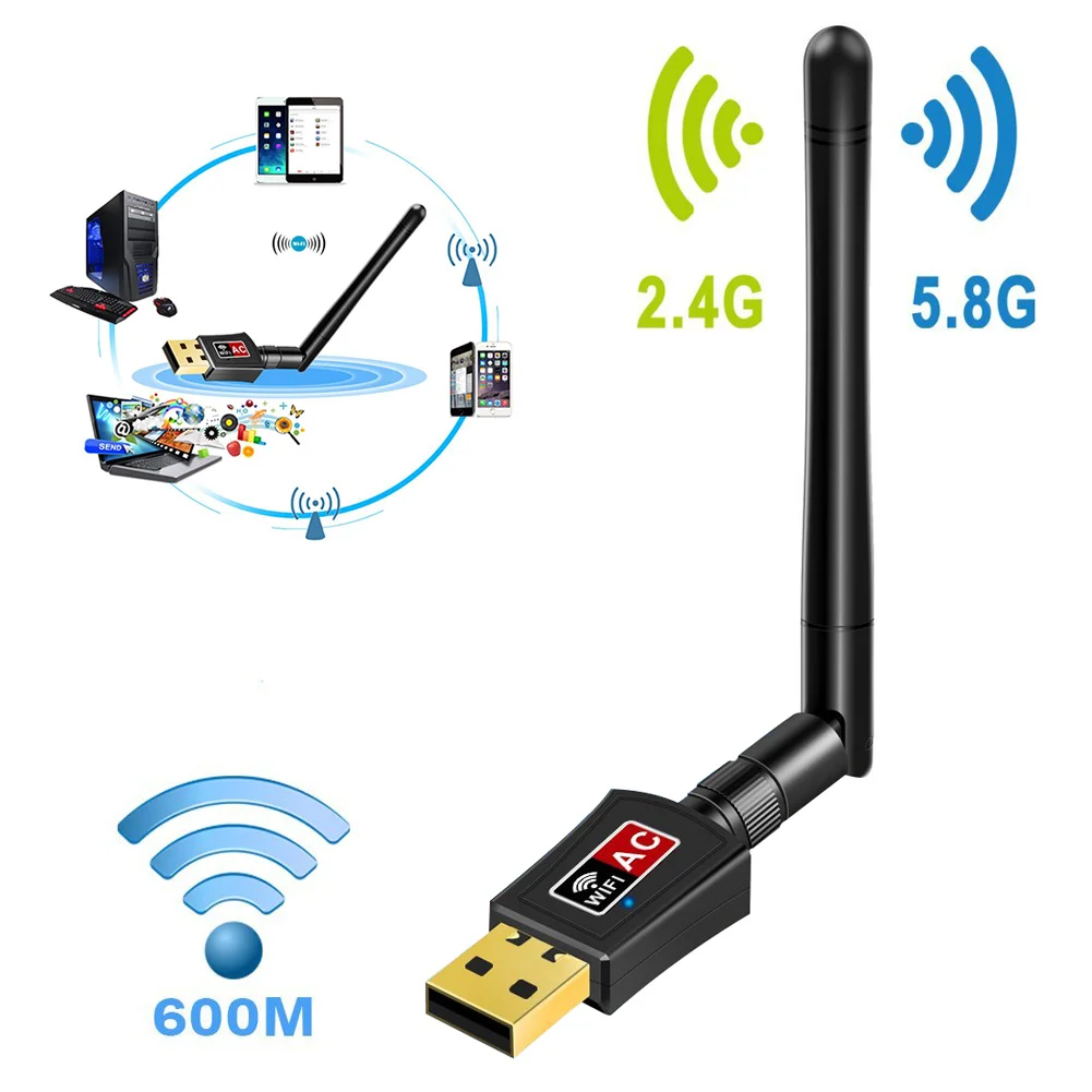 

New Hot 600 Mbps 2.4/5/5.8Ghz Dual Band Wireless USB WiFi Networks Adapter with Antenna 802.11AC QJY99