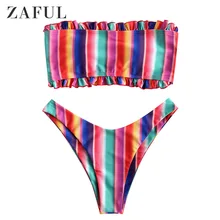 ZAFUL Women Sexy Swimwear Bandeau Bikini Set Frilled Colorful Striped Push Up Bathing Beachwear Swimsuit Strapless Bikinis 2019 ZAFUL Women Sexy Swimwear Bandeau Bikini Set Frilled Colorful Striped Push Up Bathing Beachwear Swimsuit Strapless Bikinis 2019