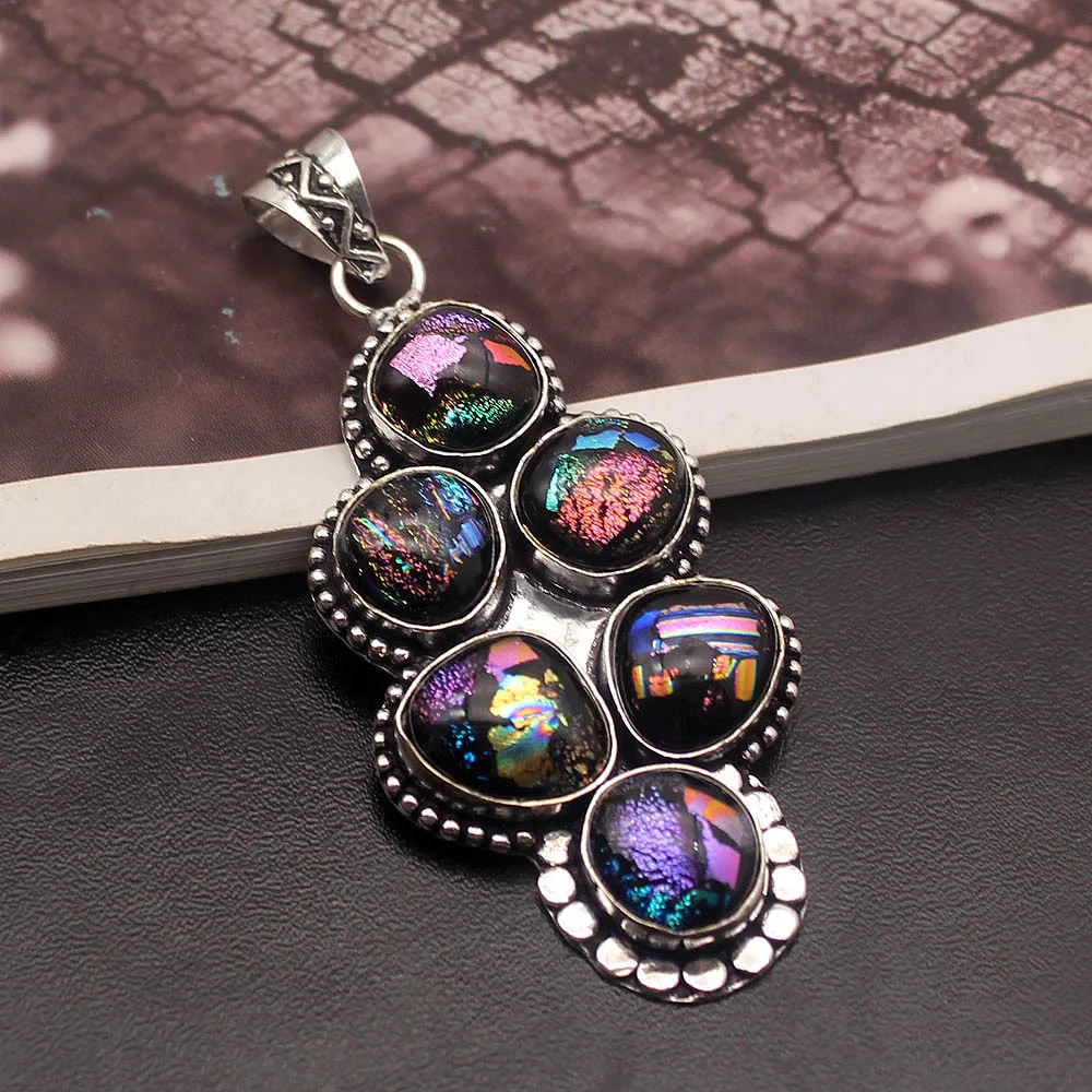 

49% OFF 925 Sterling Silver Vintage Natural Dichroic Glass Charms Pendant Necklace Jewelry 2 7/8 INCH PT25 Free Shipping